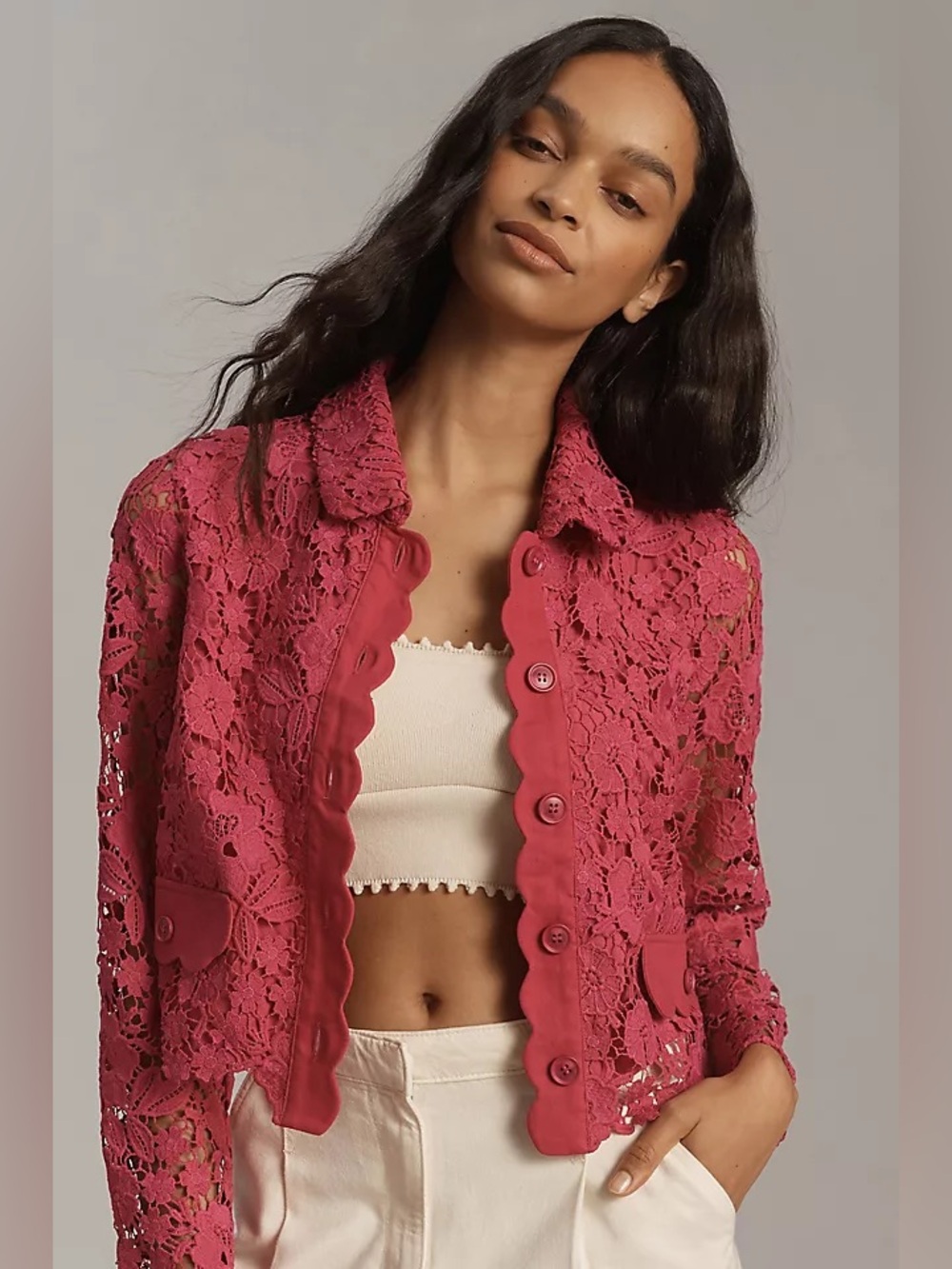 Anthropologie Pink Lace Scalloped Button Jacket